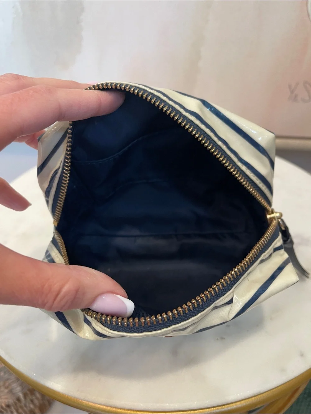 Tory Burch White and Navy Striped Patent Cosmetic Pouch